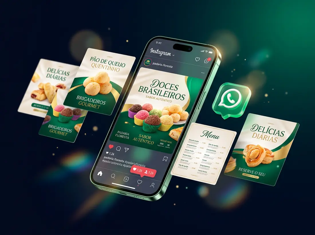 Exemplos de posts para Instagram, cardápio digital e WhatsApp Business criados pela Impulso Business AI